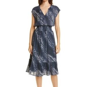 Rails Ashlyn Blue Nile Midi Dress Tie Neck Smocked Waist Rayon Large